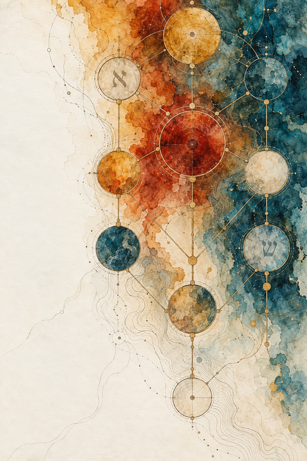 Ochre, vermilion, and teal watercolor circles joined by fine paths, evoking a Tree of Life and a network of beliefs, with Hebrew letters woven into the map.
